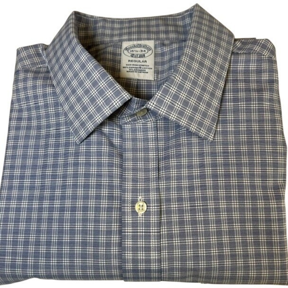 Brooks Brothers Blue White Plaid Long‎ Sleeve Button Up Dress Shirt 16.5 - 34